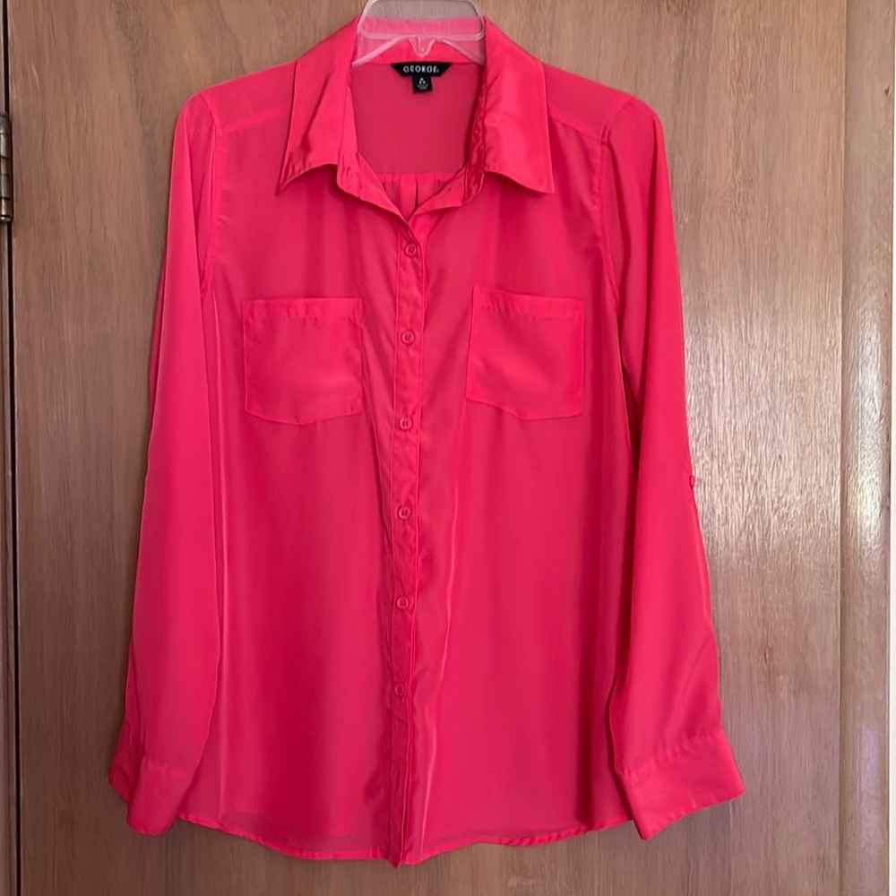 Vibrant Coral Color Roll Tab Long Sleeve Sheer Blouse